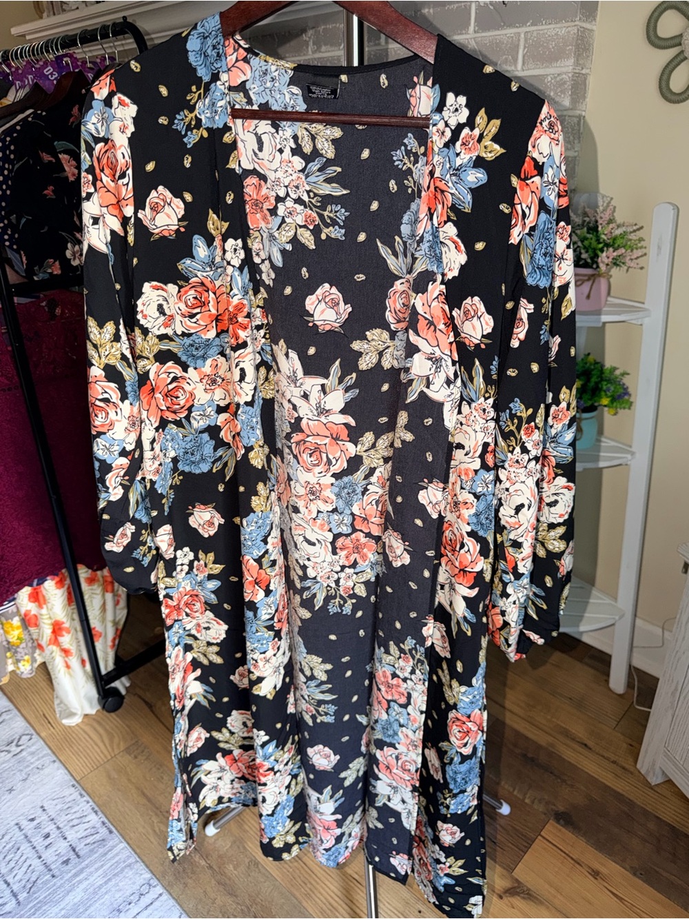Women's Black Floral Long-Sleeve Kimono Dress - Black with Coral & Blue Flowers